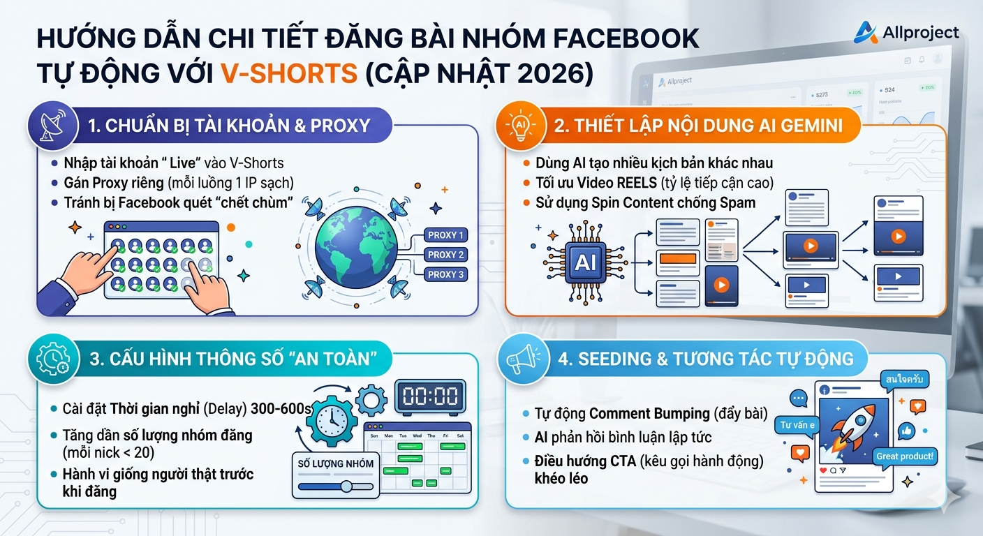 Hướng Dẫn Chi Tiết C&aacute;ch Đăng B&agrave;i Nh&oacute;m Facebook Tự Động Với V-Shorts (Cập Nhật 2026)